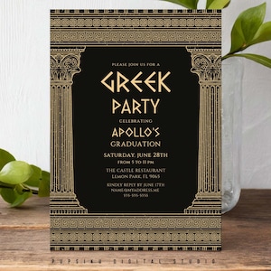 Griechische Partyeinladung mit dunklem Hintergrund, PERSONALISIEREN SIE ALLE FARBEN! Elegante alte Geschichte 5x7 bearbeitbare Einladung, Instant Corjl Vorlage 033CT