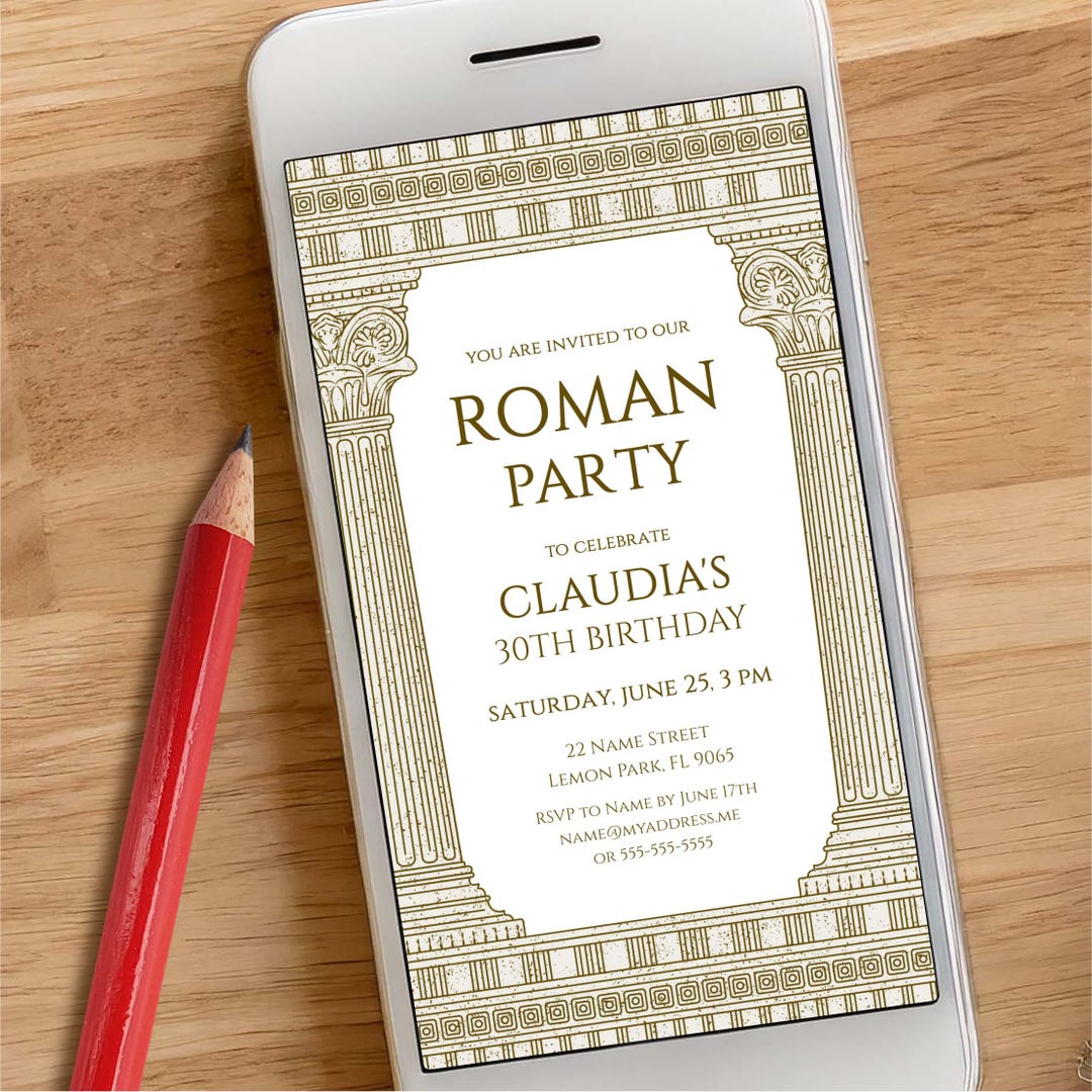 Rom Invite Examples Roman Party Invitation: Editable Electronic Invite With Temple Columns ...