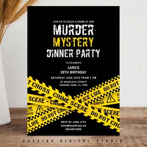 Mystery Party Einladung mit gelben Polizeilinien, Detektiv-Tatort-Event, bearbeitbare 5x7-Zoll-Karte, DRUCKBAR Download Corjl-Vorlage 009B