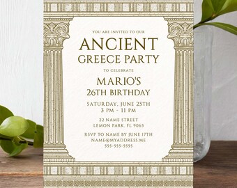 Ancient Greece Party Invitation, 5x7 Editable Card with stone columns, Ancient Greece Rome Birthday Toga Party, Instant Corjl Template 031C