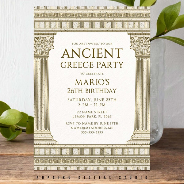 Ancient Greece Party Invitation, 5x7 Editable Card with stone columns, Ancient Greece Rome Birthday Toga Party, Instant Corjl Template 031C