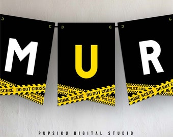 Murder Mystery Flag Banner, Yellow Police Lines, 5x7 Editable Party Decor, Bunting Banner Alphabet, Download Printable Template Corjl 009B