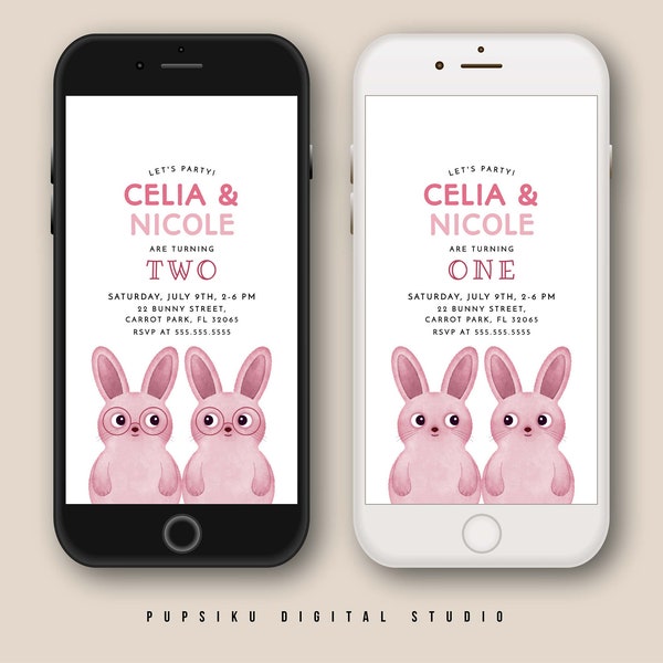 Twins Birthday Party Invitation with Pink Rabbits with Glasses, Twin Sister Editable Electronic Invite, Instant  Corjl Template 040PB