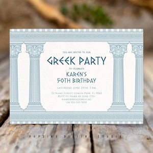 Griechische Party CUSTOM COLOURS Einladung, bearbeitbare 7x5-Karte mit Tempel, antikem Griechenland oder Rom-Geburtstagsfeier, Instant Corjl-Vorlage 030CB