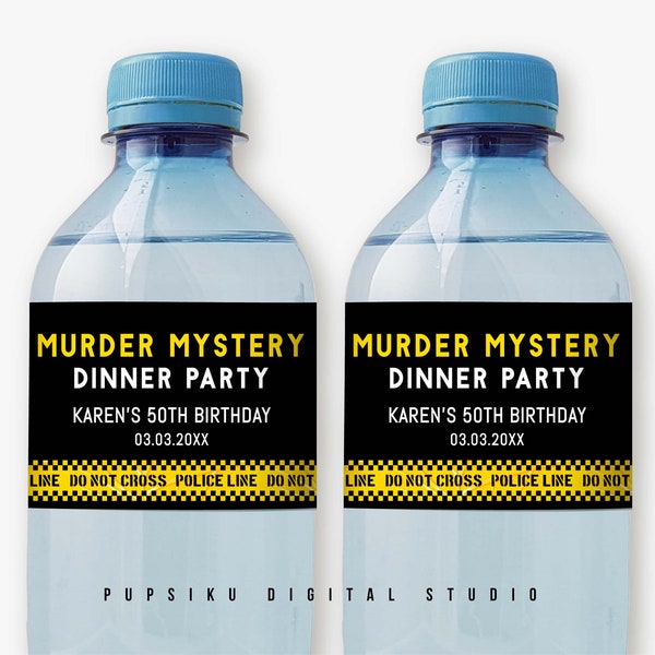 Murder Mystery Party Bottle Label, Editable Bottle Template with Yellow Police Lines, 8x2 Party Favor, Instant Download Corjl Printable 009B