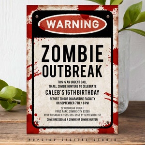 Zombie Outbreak-feestuitnodiging met bloedvlekken, 5 x 7 bewerkbaar Halloweenfeest, Monsters-cosplay-evenement, download afdrukbare sjabloon Corjl 050B