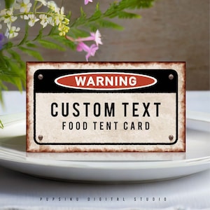 Food-Zelt mit rostigem Warnschild, 3,5x2-Zoll-Party-Buffet-Tischkarte, Halloween-Etikett, Instant Download, DRUCKBARE Corjl-Vorlage 050