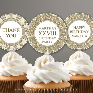 Tags Griekse verjaardagsfeestje, drie verschillende ontwerpen, 2 x 2 ronde stickers verjaardagscadeau, cupcake toppers, Instant Corjl-sjabloon 031C