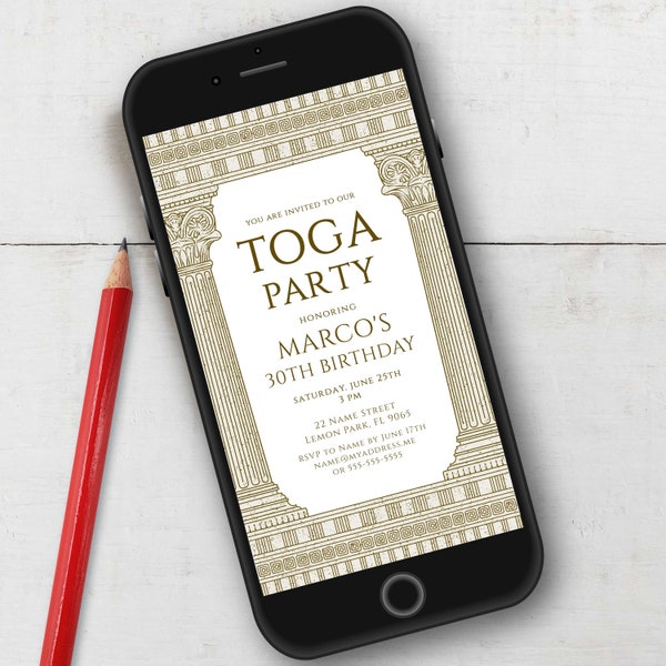 Toga Party Invitation with Temple, 1080x1920px Editable Greece or Rome-Themed Birthday Party, Instant Digital Electronic Corjl Template 031C