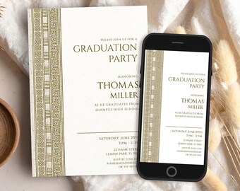 Festa de Formatura: Convite 5x7 com Tema Grego + Evite, Modelo Editável, Download Instantâneo - Corjl 031C