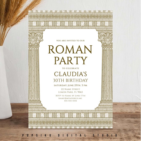 Roman Toga Party Invitation, 5x7 Editable File with Temple Columns, Costume Party, Ancient Greece Rome Birthday, Instant Corjl Template 031C