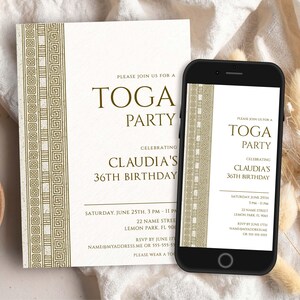 Toga Party Invitation: 5x7 Printable Card + Electronic Phone Invite, Editable Template, Instant Download - Corjl 031C