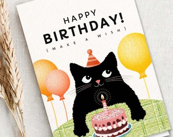 Happy Birthday party cat card, verjaardagstaart en ballonnen, AFDRUKBARE 5x7 gevouwen kaart, grappige dierenvriend partij, NIET BEWERKBARE Download 007BL