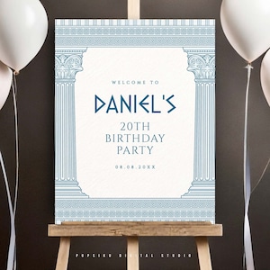 COLORI PERSONALIZZATI Cartello di benvenuto greco con tempio, 16x20" Decorazione per feste di compleanno o laurea modificabile, modello Corjl digitale STAMPABILE 030CB
