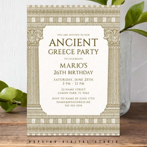 Antikes Griechenland Party Einladung, 5x7 editierbare Karte mit Steinspalten, Antikes Griechenland Rom Geburtstag Toga Party, Instant Corjl Vorlage 031C