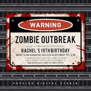 Halloween Zombie Outbreak Party Invite with Blood, 5x7 Editable Zombie Party, Monsters Cosplay Event, Download Printable Template Corjl 050B