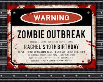 Zaproszenie na imprezę z okazji wybuchu epidemii zombie na Halloween, edytowalna karta 5x7, pobierz szablon do druku - Corjl 050