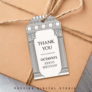 Etichetta per bomboniere con colori personalizzati con tempio romano, etichetta modificabile 2 x 3,5 per dolcetti per feste, ringraziamento sulla storia antica, modello Corjl istantaneo 032C