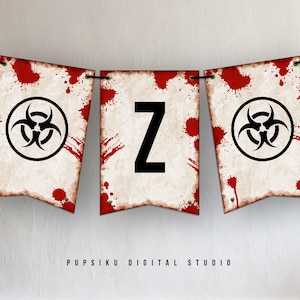 Zombie Flag Banner with Blood and Biohazard Symbols, 5x7 Editable Halloween Decor, Bunting Banner Alphabet, Printable Template Corjl 050B