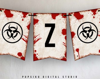 Zombie Flag Banner with Blood and Biohazard Symbols, 5x7 Editable Halloween Decor, Bunting Banner Alphabet, Printable Template Corjl 050B