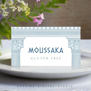 Tenda per cibo con colori personalizzati con pilastri del tempio greco, segnaposto per buffet modificabile da 3,5x2", decorazioni per feste, download immediato, STAMPABILE Corjl 030CB