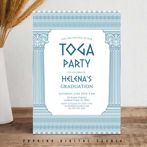 Faire-part de remise des diplômes COULEURS PERSONNALISÉES, carte modifiable 5 x 7 avec temple, événement histoire ancienne fête Toga, modèle Corjl instantané 030CB
