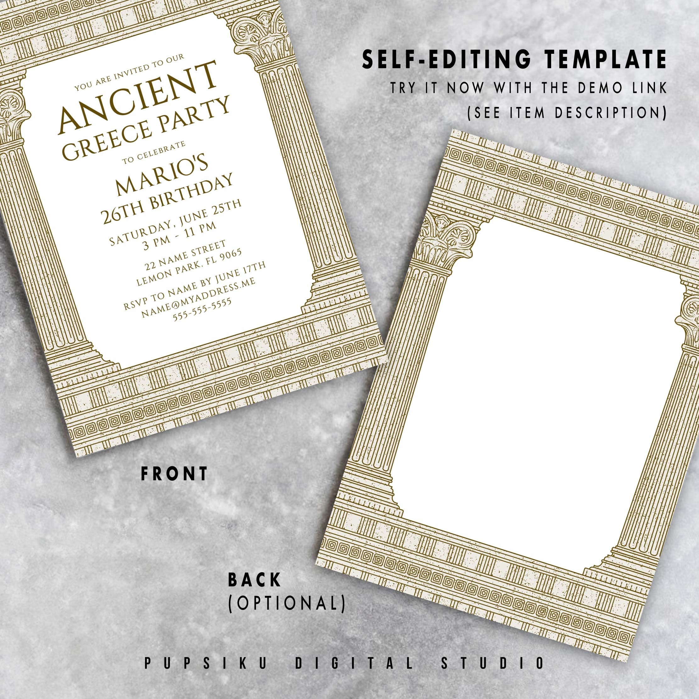 Ancient Greece Birthday Party Invitation: Editable Temple Columns ...