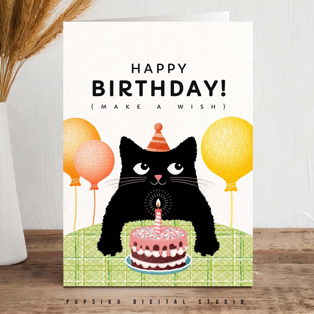 PRINTABLE Cat Birthday Card With Cake and Balloons, Instant Download ...