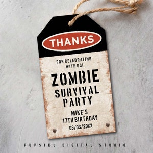 Bedanktag voor zombiefeest met roestig bord, bewerkbaar label van 2 x 3,5 traktatie, Halloween-evenement bedanklabel, Instant Corjl-sjabloon 050