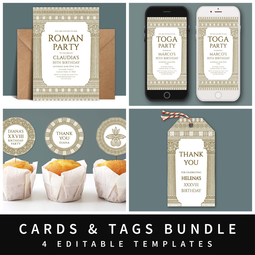 Roman Party Cards and Tags Bundle, 4 X Editable Templates With Temple ...
