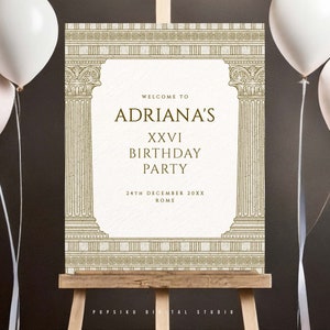 Roman Birthday Welcome Sign with Temple, 16x20” and 18x24&quot; versions included, Editable Party Decor, Digital PRINTABLE Corjl Template 031C