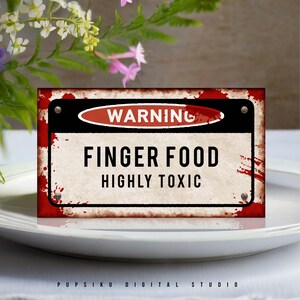 Halloween Party Essen Karte mit Warnschild & Zombie Blut, 3,5 x 2 ”Buffet Tischkarte, Instant Download, DRUCKBARE Corjl Vorlage 050B