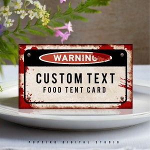 Food-Tent-Karte mit Warnschild & Zombieblut, Halloween-Party-Buffet-Tischkarte 3,5 x 2-Zoll, Sofort-Download, DRUCKBARE Corjl-Vorlage 050B