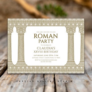 Römische Party Einladung mit Tempelsäulen, bearbeitbare 7x5 Datei, Kostüm Antikes Griechenland oder Rom Toga Geburtstag, Instant Corjl Vorlage 031C