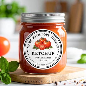 Label tomatenketchup, bewerkbare sjabloon van 2 x 2 inch voor zelfgemaakte conserven (digitale download - Corjl 070TM