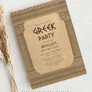 Faire-part de fête grec COULEURS PERSONNALISÉES, carte modifiable 5 x 7 avec d'élégantes colonnes du temple pour des événements de l'histoire ancienne, modèle Corjl instantané 033CT