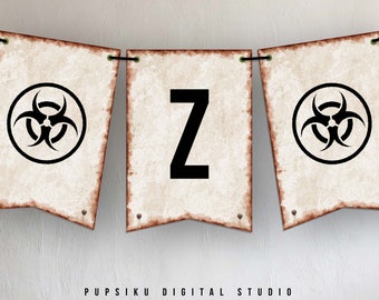 Zombie Party Flag Banner with Rusty Biohazard Symbols, 5x7 Editable Decor, Bunting Banner Alphabet, Download Printable Template Corjl 050