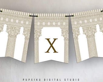 Roman Toga Party Flag Banner, Ancient Rome Event, 5x7 Editable Party Decor, Bunting Banner Alphabet, Download Printable Template Corjl 031C