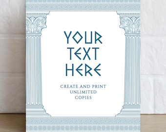 Greek Party CUSTOM COLORS Table Sign, Unlimited Copies, Editable Custom Party Decor, 8x10” Digital PRINTABLE Corjl Template 030CB