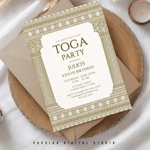Toga Party Einladung, 5x7 editierbare Karte mit griechischen Tempel für eine Kostümparty, Geburtstag im antiken Griechenland Rom, Instant Corjl Template 031C