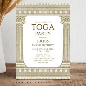 Toga Party Invitation, 5x7 Editable Card with Greek temple for a Costume Party, Ancient Greece Rome Birthday, Instant Corjl Template 031C