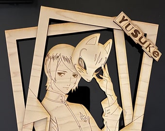 May include: A wooden cutout of a character from the anime series "Yu Yu Hakusho". The character is Yusuke Urameshi, and he is holding a mask in front of his face. The cutout is framed in a wooden frame with the name "Yusuke" written on it.