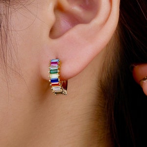 15mm 18Kt Gold Rainbow Huggie Hoops, Teen Girls Earrings, Rainbow CZ Hoops, Silver Multi Colored Earrings, Everyday Hoops, Gift for Moms