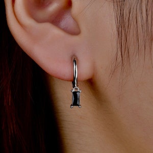 Black Stone Drop Hoop, Dainty Rose Gold Huggie Hoop Earrings With Charm, Gold Hoop Earring, Sterling Silver CZ Hoop, Everyday Hoops
