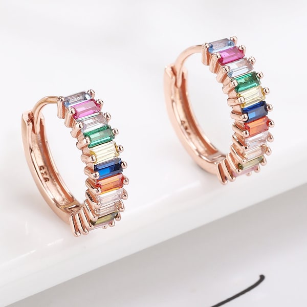 15mm Rose Gold Rainbow Huggie Hoops, Teen Girls Earrings, Rainbow CZ Hoops, Silver Multi Colored Earrings, Everyday Hoops, Gift for Moms