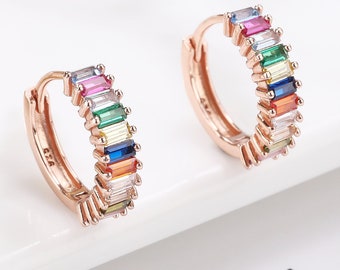 15mm Rose Gold Rainbow Huggie Hoops, Teen Girls Earrings, Rainbow CZ Hoops, Silver Multi Colored Earrings, Everyday Hoops, Gift for Moms