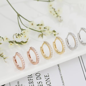 Pave Hoop Earrings, Gold Hoop Earrings, Teen Girl Earrings, Bezel Earrings, Everyday hoops, Wedding Earrings, gift for mom