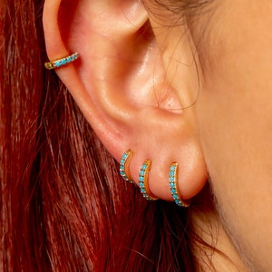 Dainty Turquoise Stone Silver Earrings, Small Hoop Earrings, Pave Ring Cartilage Hoop Earring, Silver Conch Hoops, Everyday Earring