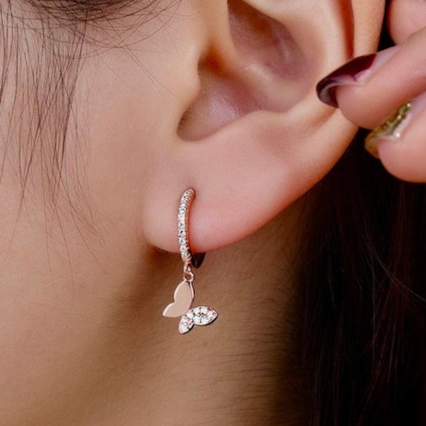 Butterfly Hoop Earrings, Butterfly Dangle Earrings, Minimalist Earrings, Huggie Hoop Earrings, Stone Bezel Earrings, Aesthetic Earrings