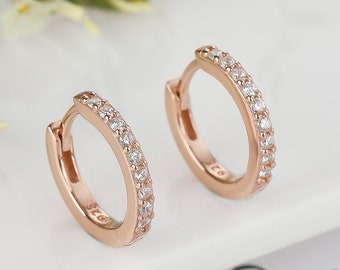 Pave Rose Gold, Huggie Hoop Earrings, Dainty Helix Hoop, Second Hole Earring, Stone bezel Earrings, Jewelry, Gift, Everyday hoops